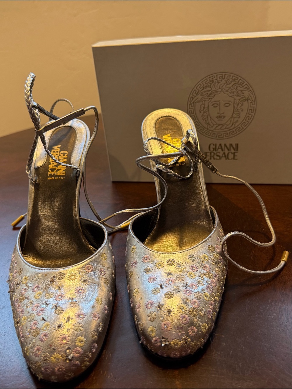 Vintage Versace Metallic Silver Floral/Star Embellished Lace-Up Stiletto Pump